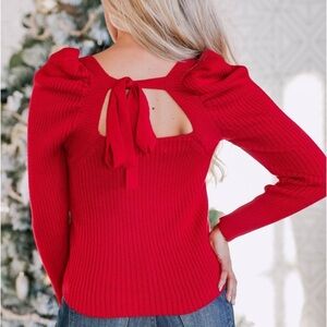 CBRAND Red Ribbed Square Neck, Tie Back, Puffed Sleeves, Knit Sweater